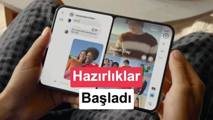 Yatay konumda açık katlanabilir telefonda iki farklı uygulama ekranı görülüyor
