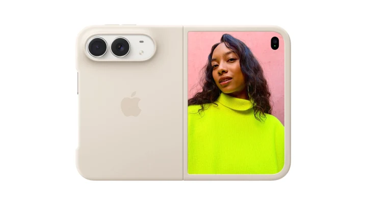 Açık renkli iPhone Duo, iç ekranında portre fotoğrafı görüntülenirken