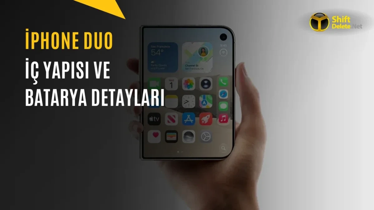 iPhone Duo’nun iç yapısı ve batarya detaylarını tanıtan görsel; ortada bir elin tuttuğu telefon, solda açıklama yazıları yer alıyor.