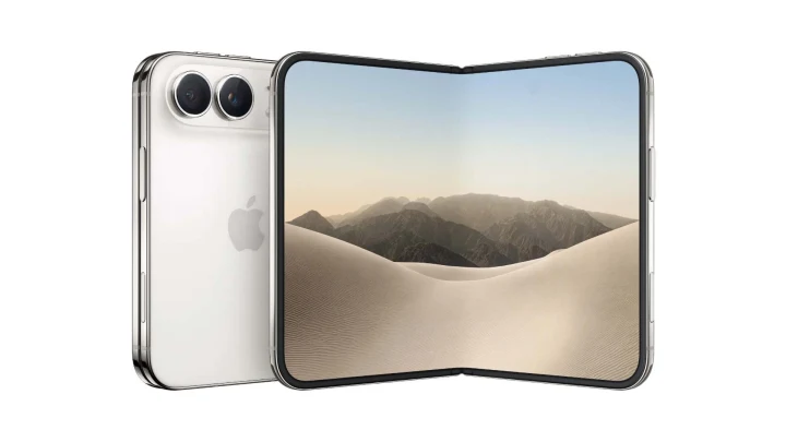 Açık ve kapalı halde gösterilen, katlanabilir ekranlı iPhone Duo