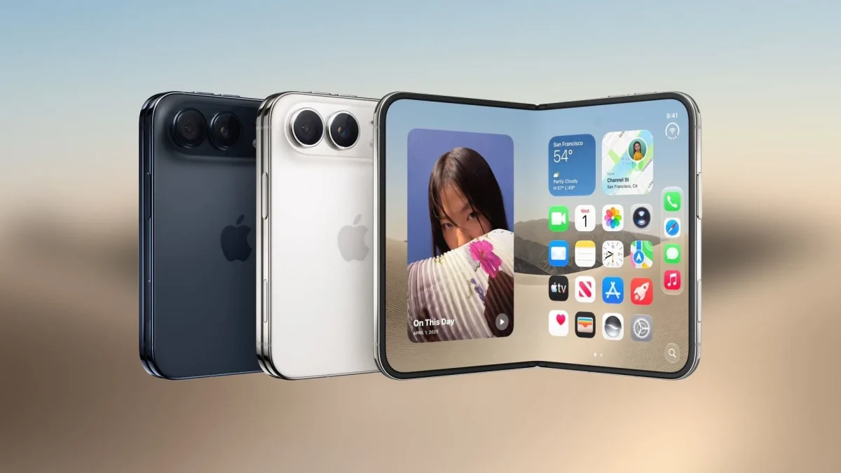 Yan yana gösterilen iPhone Duo cihazları; öndeki cihazın geniş ekranında uygulama simgeleri ve bir portre görseli yer alıyor