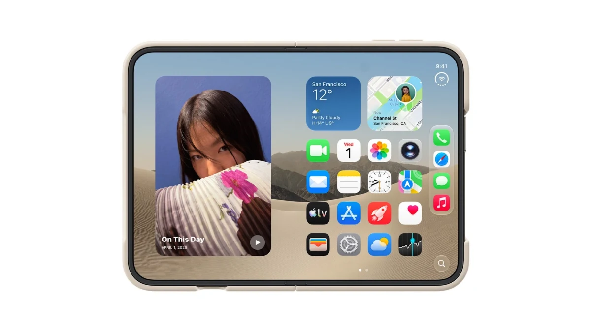 Yatay iPhone Duo ekranında uygulama simgeleri ve fotoğraf