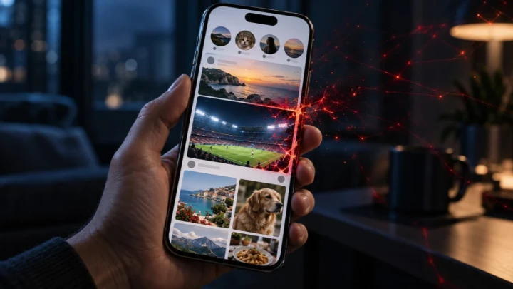 Instagram akışının açık olduğu bir iPhone ve çevresinde siber saldırıyı simgeleyen kırmızı ışık efektleri