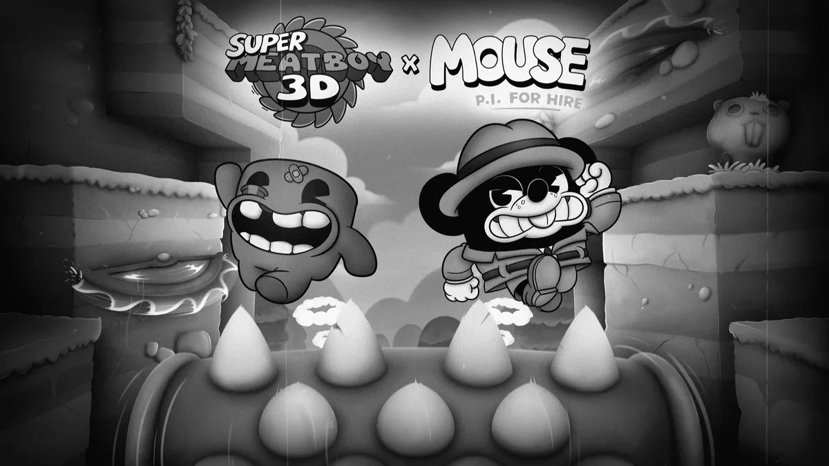 Super Meat Boy 3D ve MOUSE: P.I. For Hire karakterlerini siyah beyaz bir sahnede buluşturan ortaklık görseli