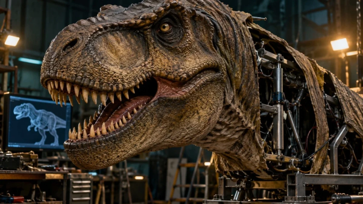 Jurassic Park için kullanılan mekanik dinozor modeli, stüdyo ortamında görüntüleniyor.
