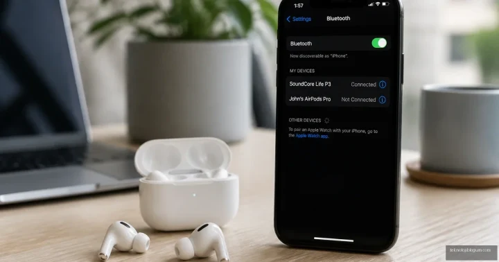 Bluetooth ayarları açık bir telefonun yanında kablosuz kulaklıklar ve şarj kutusu