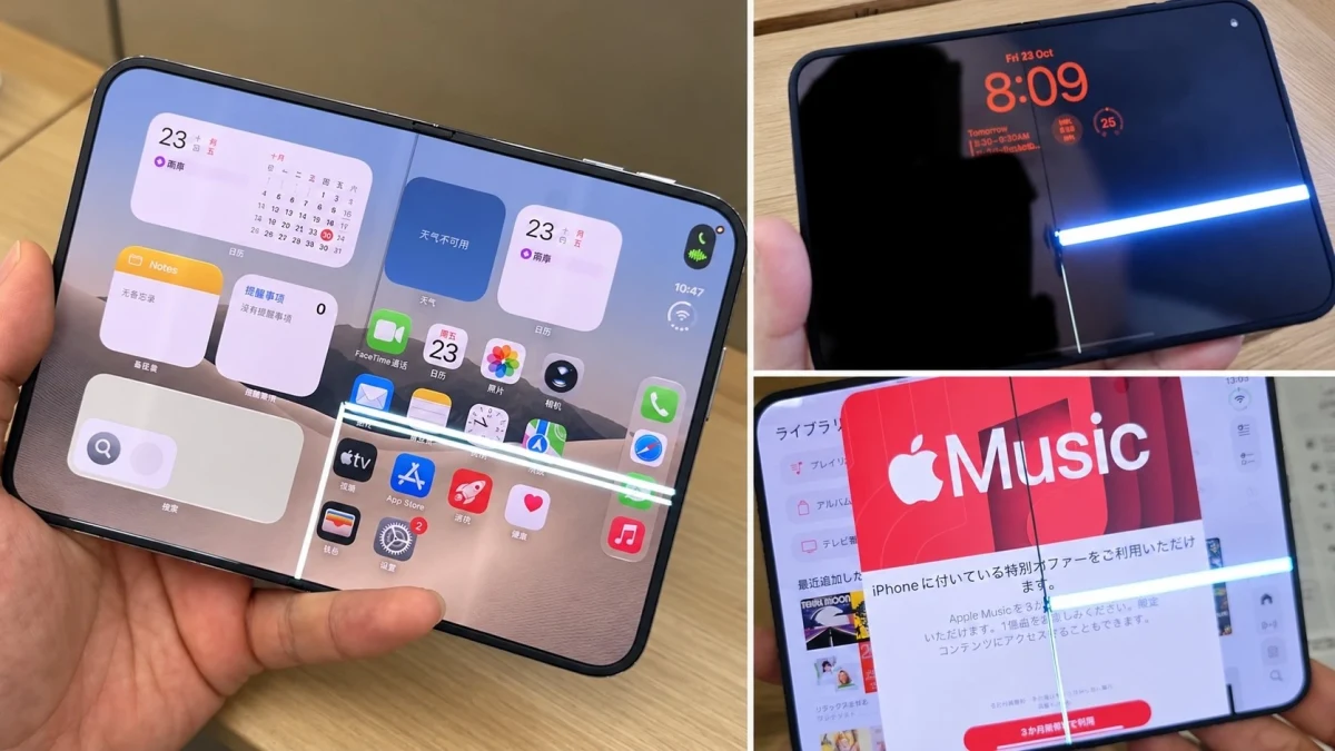 Açık haldeki katlanabilir telefonun ekranında uygulama simgeleri, saat ve medya içerikleri görülüyor
