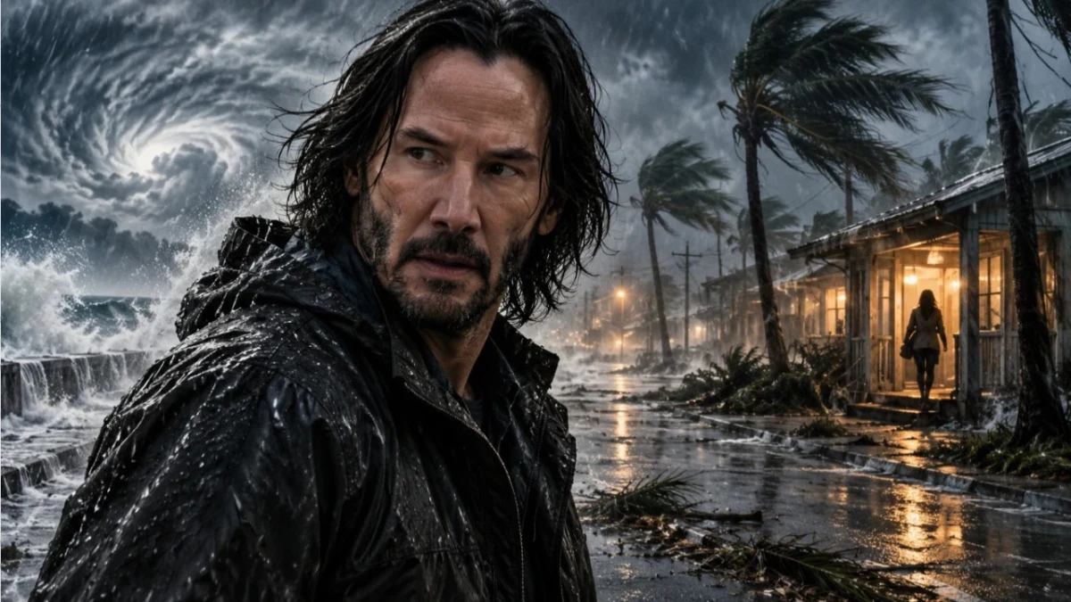 Kasırgalı bir ortamda, yağmurluklu Keanu Reeves’e benzeyen bir adam ve ışıklı bir binanın önündeki siluet