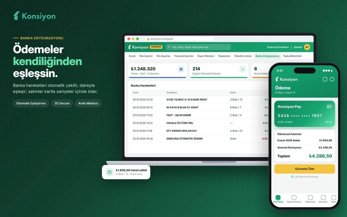 Konsiyon banka entegrasyonu paneli ve mobil ödeme ekranı