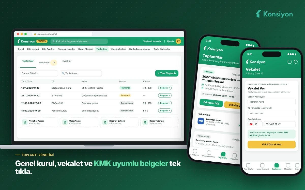 Konsiyon panelinde toplantı ve vekâlet işlemleri ile mobil uygulama ekranları