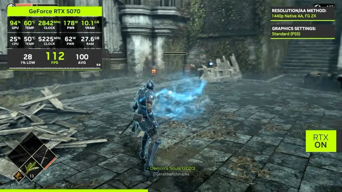 Demon’s Souls oyun görüntüsünde RTX 5070 performans ölçümleri ve 1440p ayarları