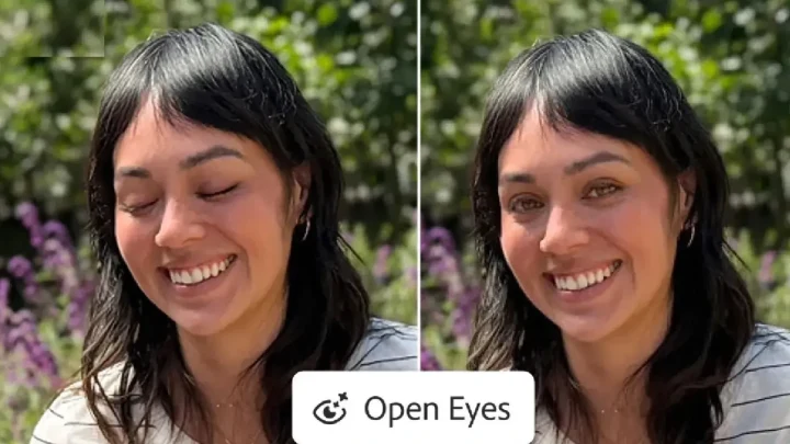 Lightroom Mobile Open Eyes aracıyla kapalı gözlü bir portre, gözleri açık hale getirilmiş görüntüsüyle yan yana gösteriliyor.