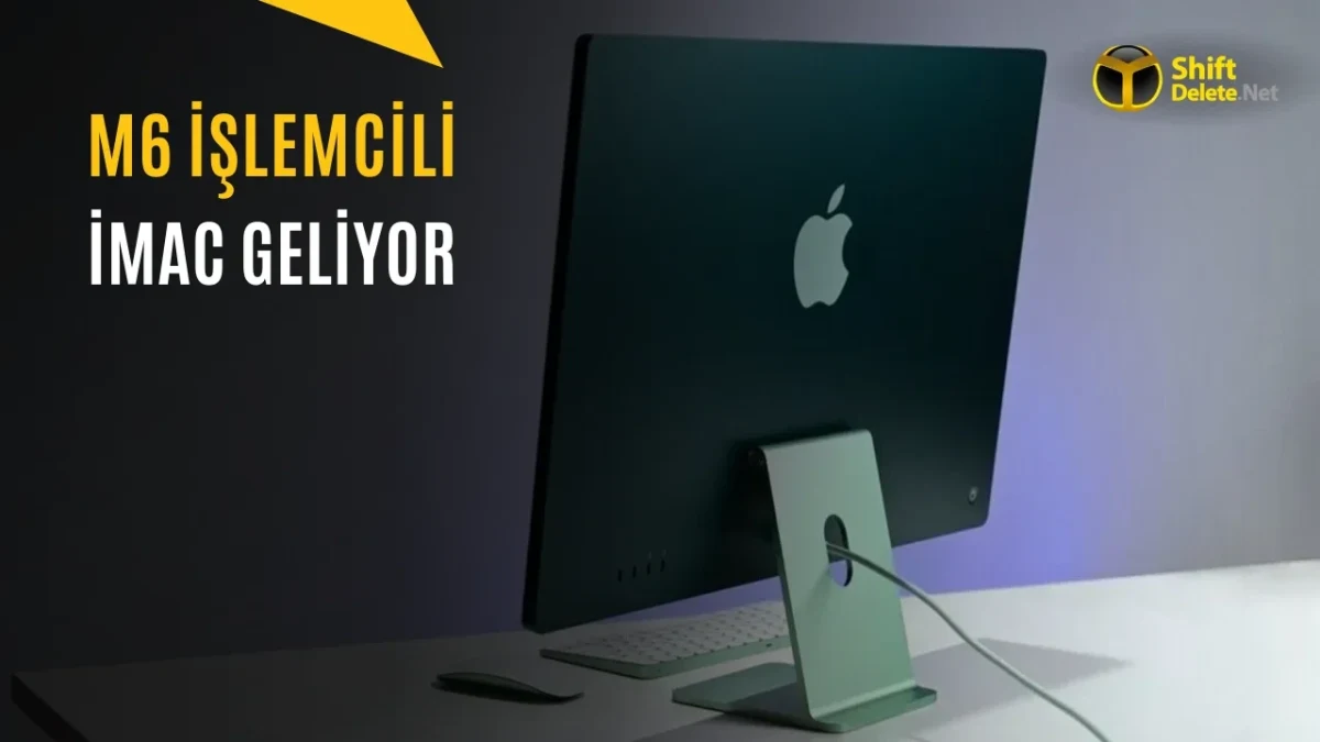 Apple iMac bilgisayarın arka yüzü ve standı; görselde M6 işlemcili yeni iMac’in geleceği yazıyor
