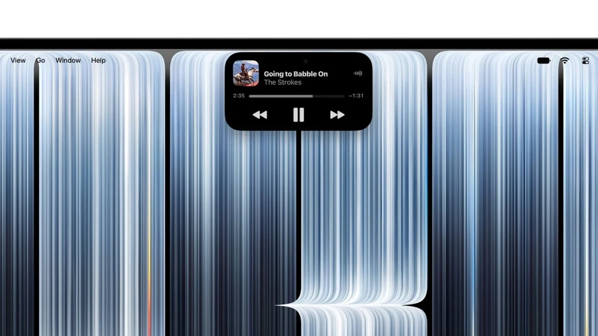 MacBook ekranının üst bölümünde müzik kontrollerini gösteren Dynamic Island arayüzü