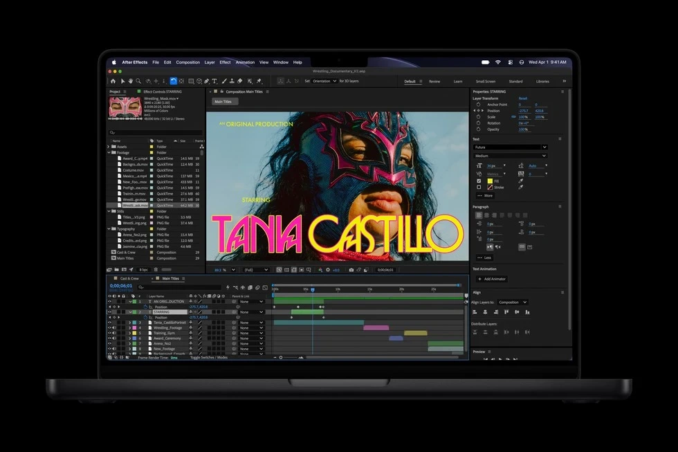 MacBook Pro ekranında Adobe After Effects arayüzü ve zaman çizelgesi açık.