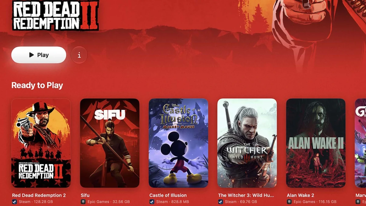 MaPC uygulamasının oyun kütüphanesi ekranında Red Dead Redemption 2, Sifu, Castle of Illusion, The Witcher 3 ve Alan Wake 2 oyunları listeleniyor.