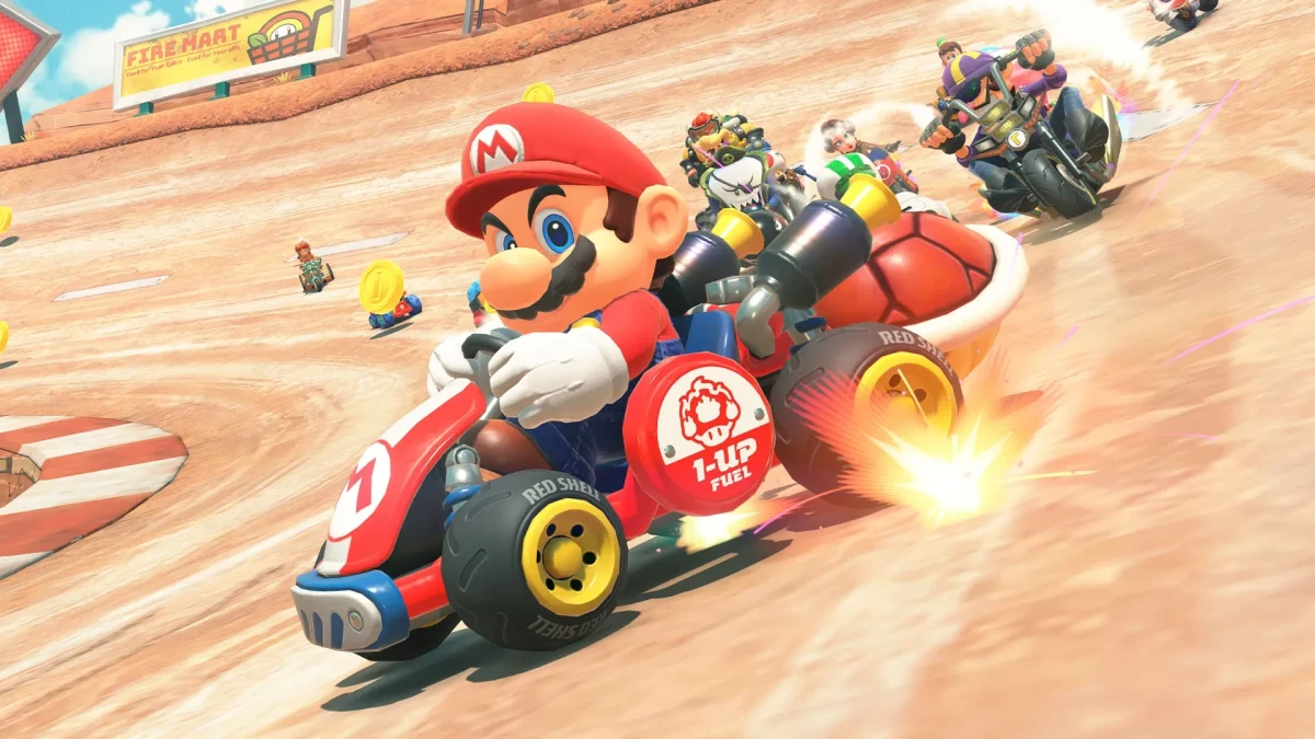 Mario Kart World’de Mario ve diğer yarışçılar pistte mücadele ediyor