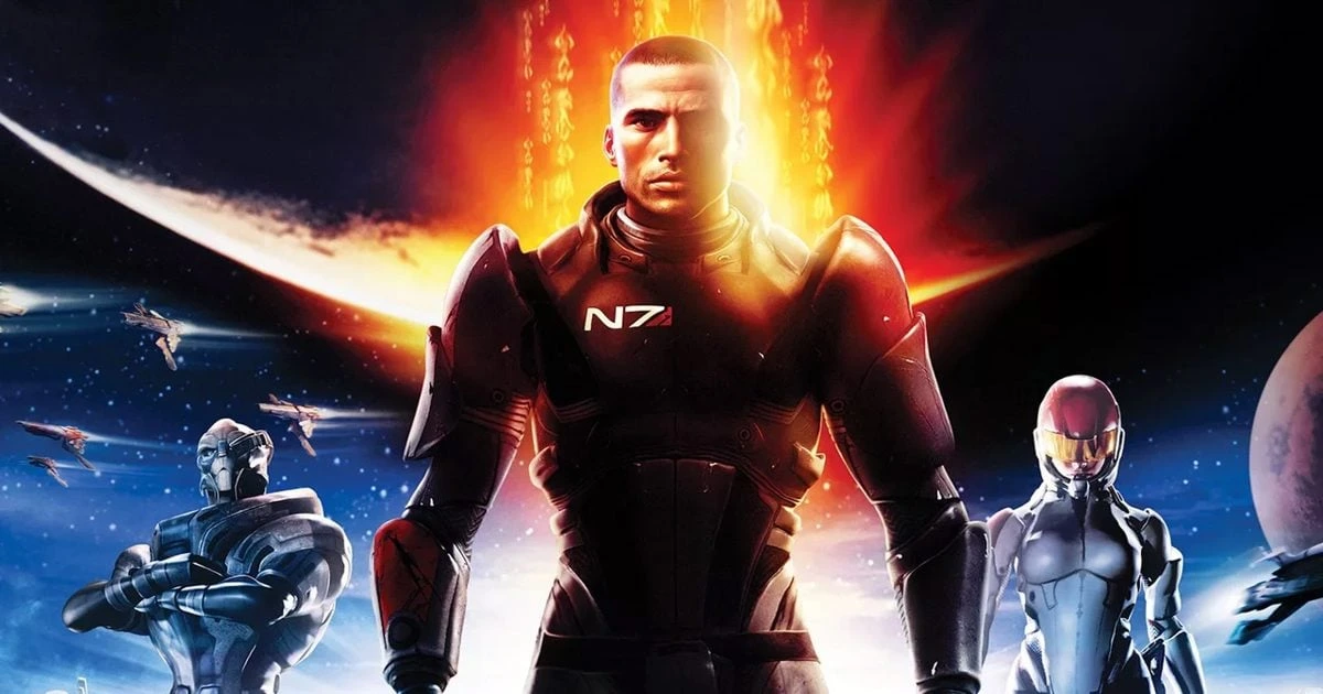 Mass Effect oyunlarından zırhlı karakterlerin yer aldığı bilim kurgu görseli