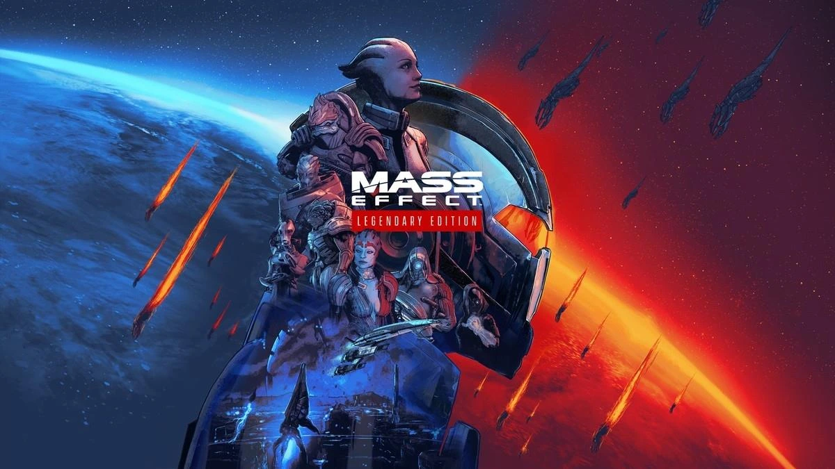 Mass Effect Legendary Edition görselinde zırhlı bir karakter, uzay gemileri ve renkli bir uzay manzarası
