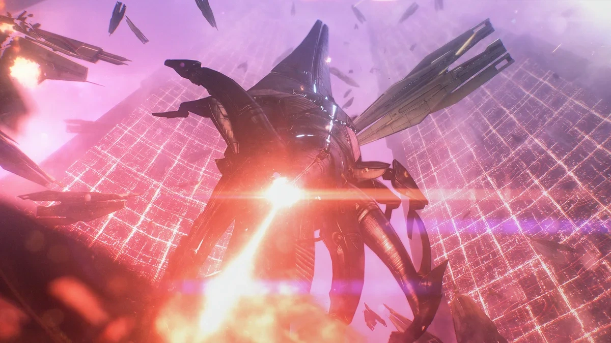 Mass Effect sahnesinde ateş ve enkaz arasında görülen Reaper