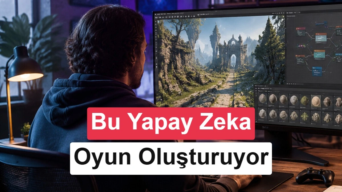 Bilgisayar başındaki bir kişinin ekranda oyun dünyası geliştirdiğini gösteren kapak görseli