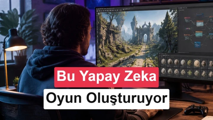 Bilgisayar başındaki bir kişinin ekranda oyun dünyası geliştirdiğini gösteren kapak görseli