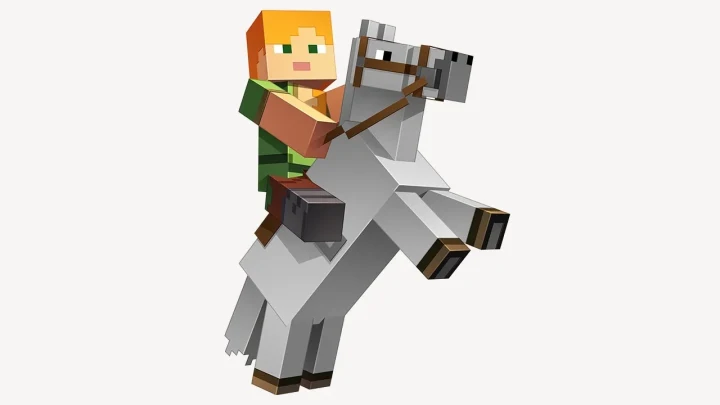 Minecraft’ta Alex’in beyaz bir ata bindiği görsel