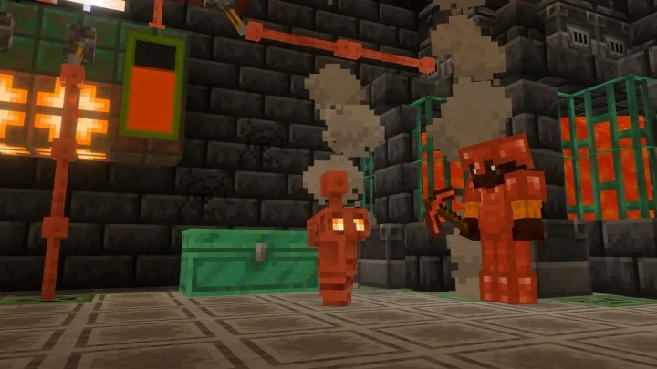 Minecraft’ta Bakır Golem ve oyuncunun Bakır Sandıkların bulunduğu bir alandaki görüntüsü