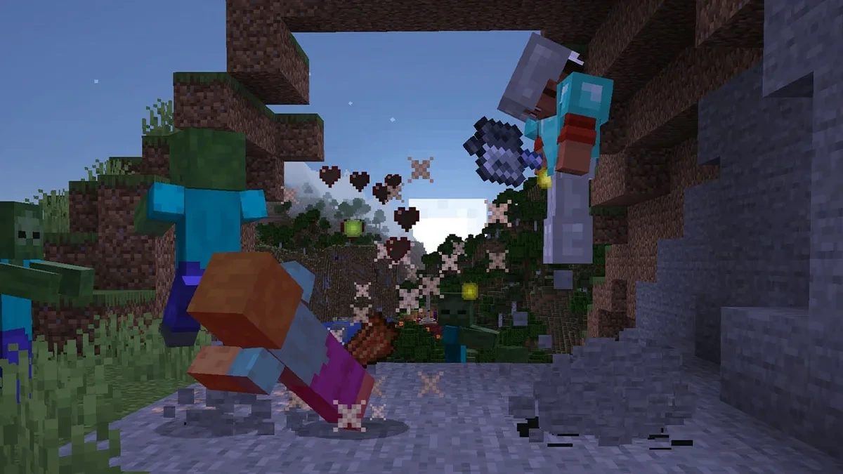 Minecraft’ta zırhlı oyuncu, yaratıkların arasında Gürz kullanıyor