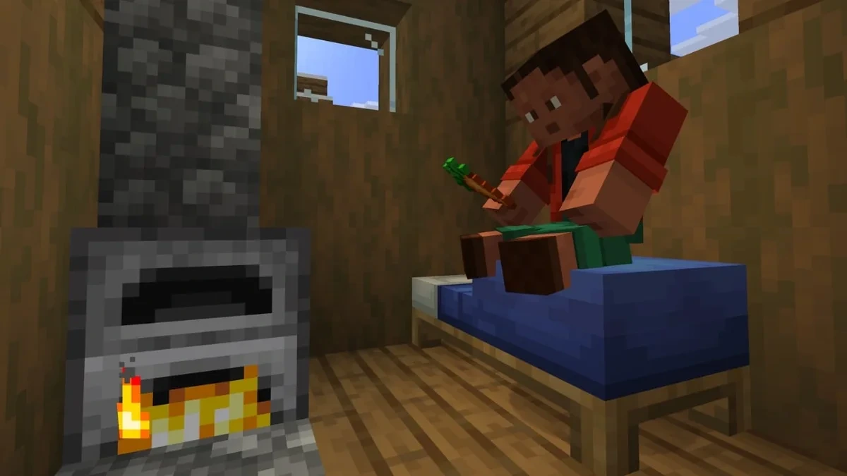 Minecraft'ta renkli bloklarla inşa edilmiş bir yapının önünde duran oyuncu