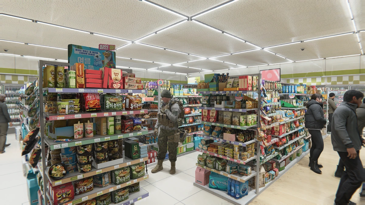 Oyuncular, raflarla dolu aydınlık bir markette alışveriş yapıyor.