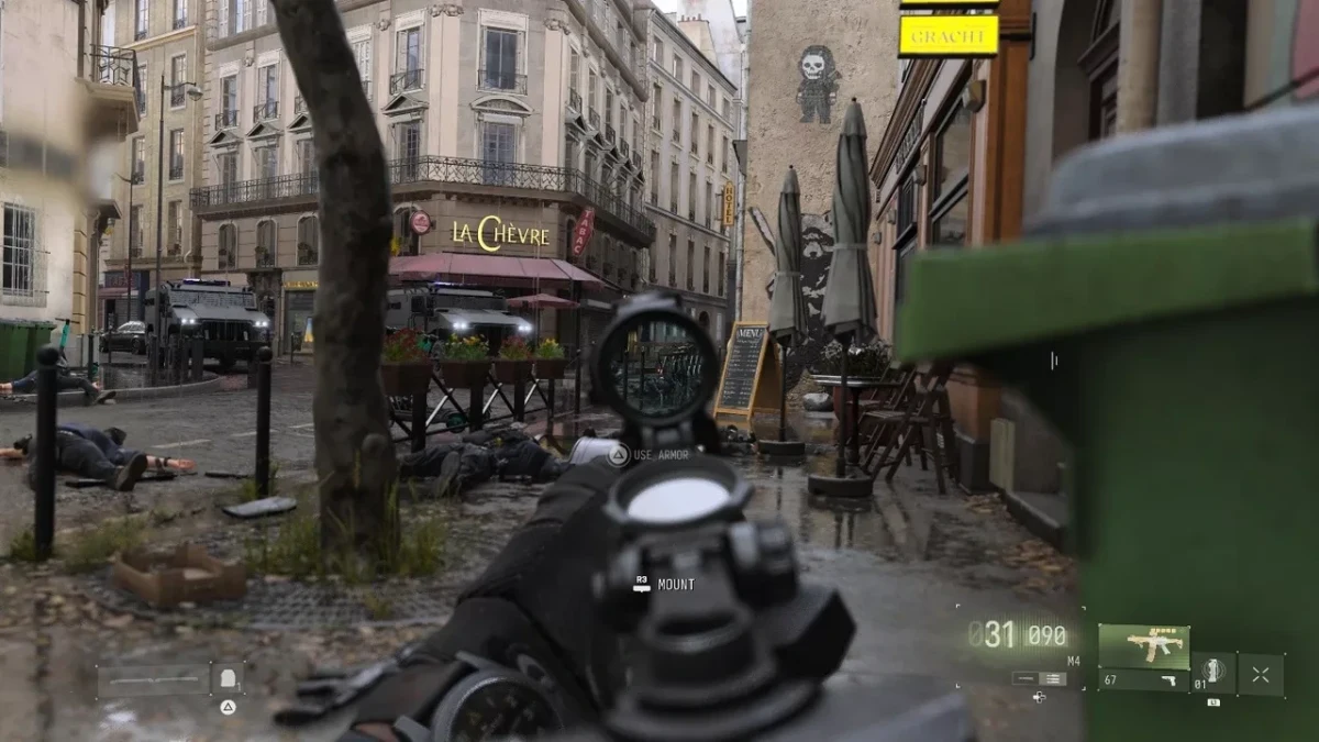 Modern Warfare 4’te Paris sokaklarında nişangâh üzerinden görülen çatışma alanı
