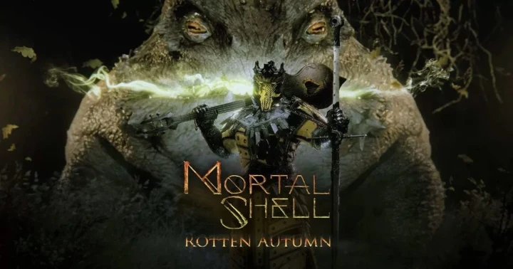 Mortal Shell II Rotten Autumn görselinde zırhlı bir karakter ve arka planda büyük bir yaratık yer alıyor