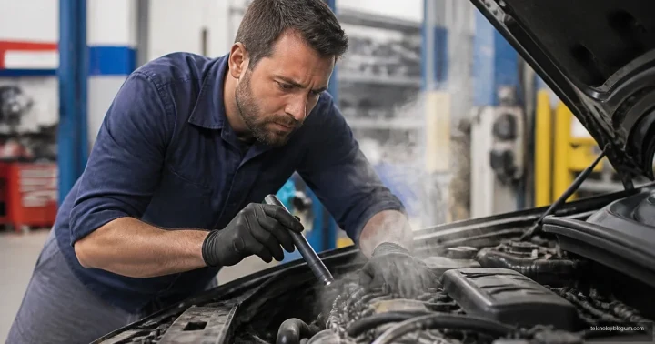 Bir usta, açık motor kaputunun altında buhar çıkan bölümü kontrol ediyor.