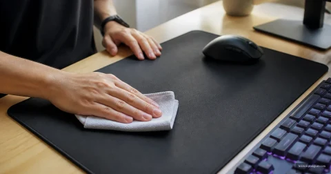 Bir kişi, geniş siyah mouse pad’i mikrofiber bezle siliyor; yanında mouse ve RGB aydınlatmalı klavye bulunuyor.