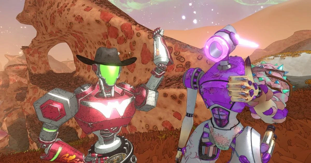 Mycopunk’ta renkli robot karakterler uzaylı bir gezegende yan yana duruyor.
