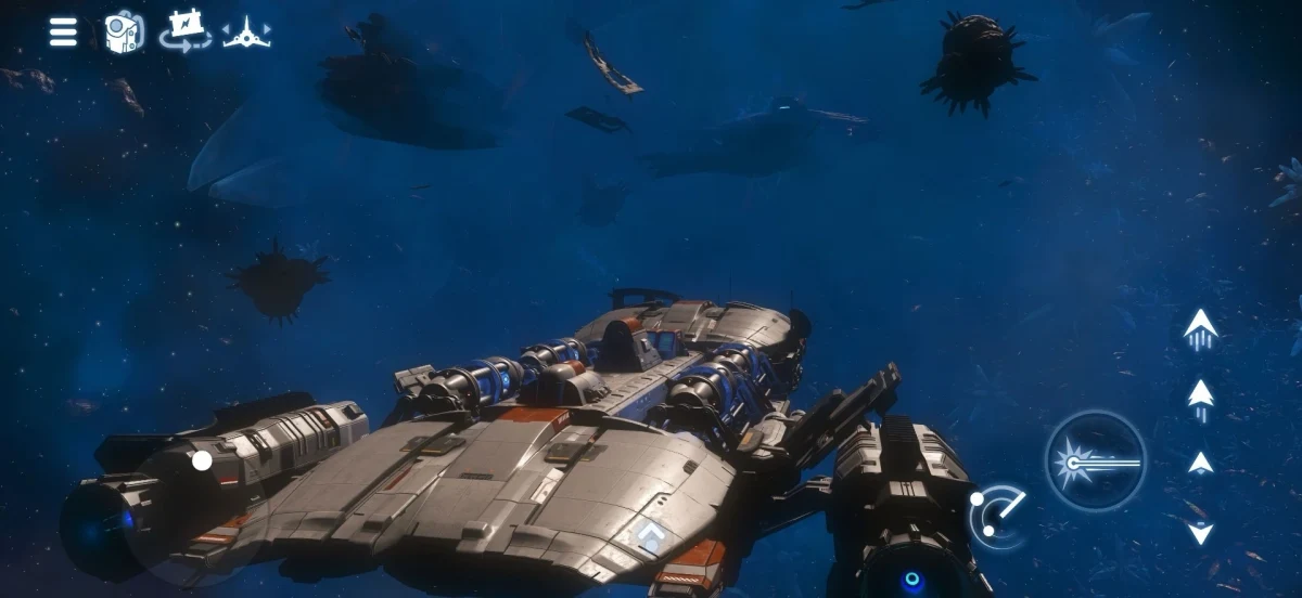 No Man’s Sky’da uzay gemisinin uzayda görüntülendiği mobil oyun sahnesi
