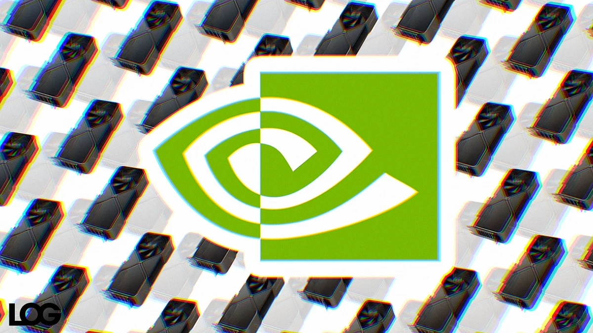 Nvidia logosu, bilgisayar çiplerinin yer aldığı bir arka plan üzerinde gösteriliyor.