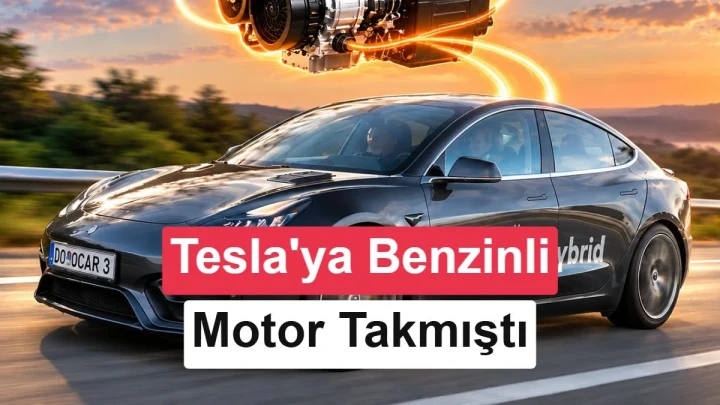Tesla Model 3 ve üzerinde benzinli jeneratör görseli bulunan HyperHybrid tanıtım görseli