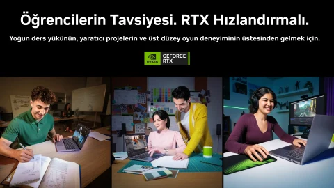 Öğrenciler ders çalışırken ve dizüstü bilgisayar kullanırken gösteriliyor; görselde RTX hızlandırmalı kampanya mesajı yer alıyor.
