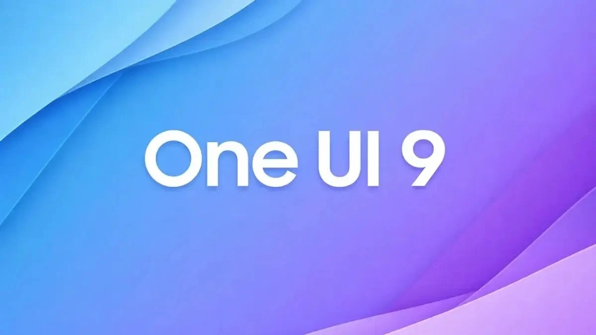 Mavi ve mor arka plan üzerinde One UI 9 yazısı