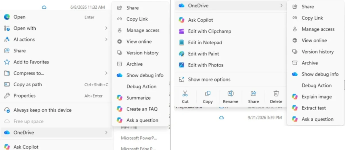 Dosya Gezgini’nde OneDrive dosyaları için açılmış menülerde Copilot komutları