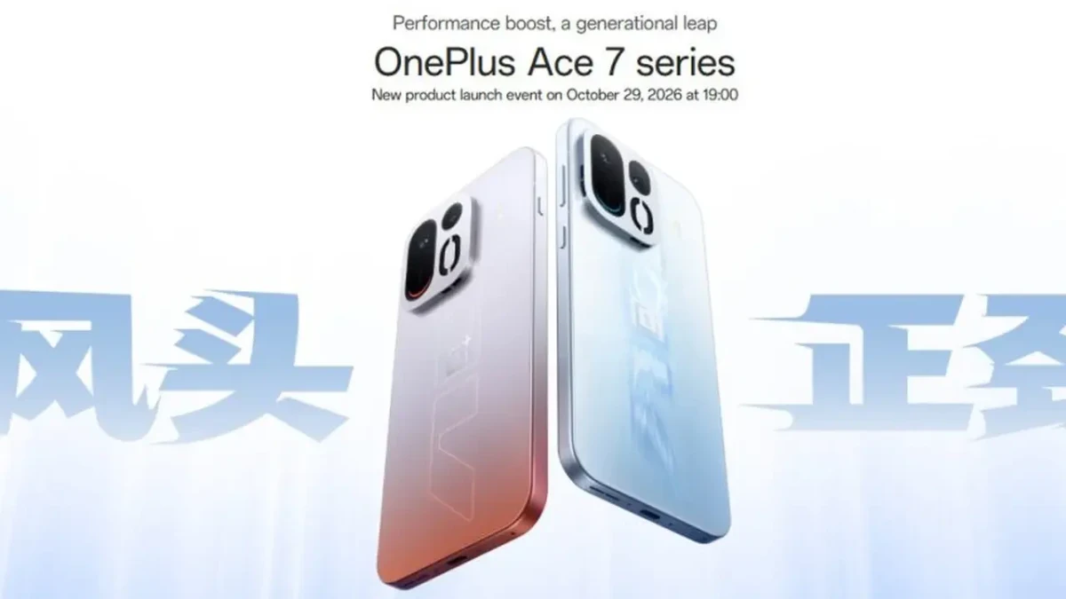 OnePlus Ace 7 serisi için 29 Ekim tarihli tanıtım duyurusu ve iki telefon görseli
