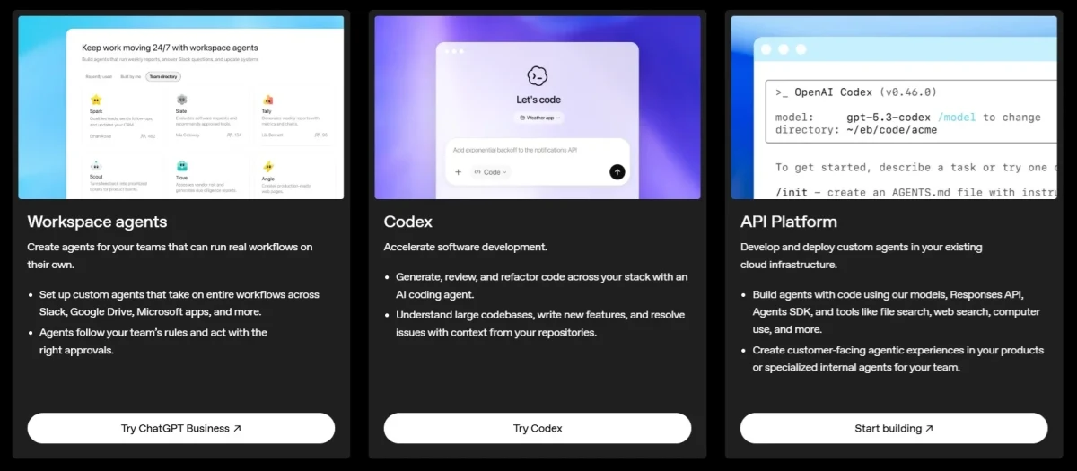 OpenAI Workspace agents, Codex ve API Platform ürünlerini gösteren üç panelli arayüz görseli