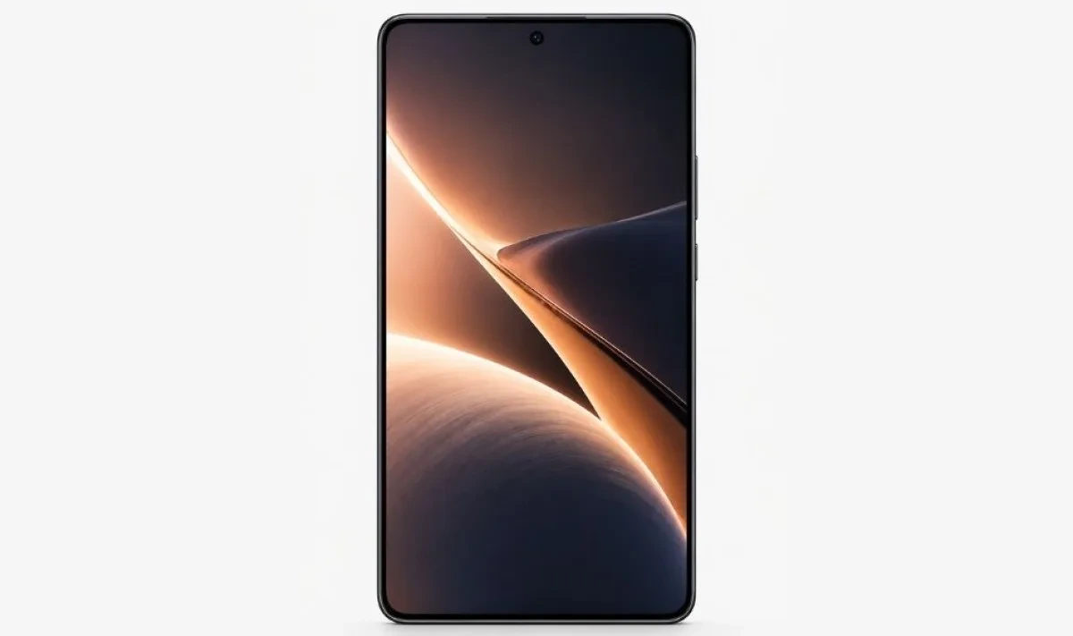 Önden görünen, ince çerçeveli ve ekranında soyut duvar kâğıdı bulunan akıllı telefon