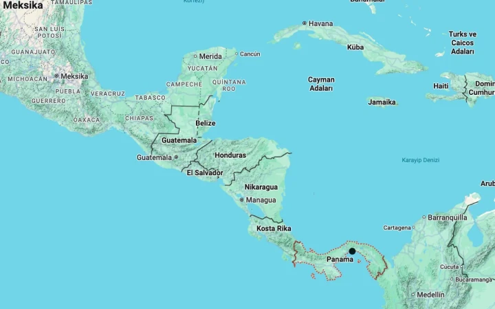 Orta Amerika ve Karayipler haritasında Panama ile çevresindeki ülkeler