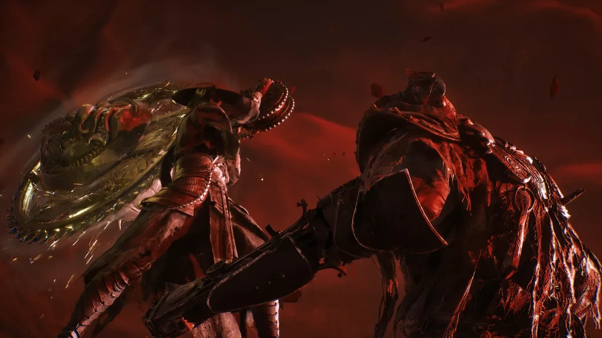 Phantom Blade Zero’da kırmızı ışıklar altında karşı karşıya gelen iki savaşçı
