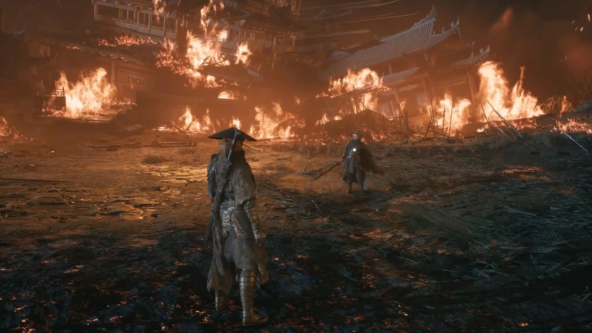 Phantom Blade Zero’da alevler içindeki yapıların önünde duran iki karakter