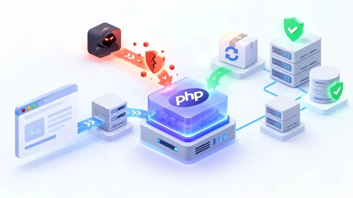 PHP sunucusuna yönelen saldırı ve çevresindeki korumalı sunucu sistemlerini gösteren illüstrasyon