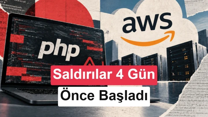 PHP kodu, güvenlik uyarısı ve AWS logosunu gösteren haber görseli